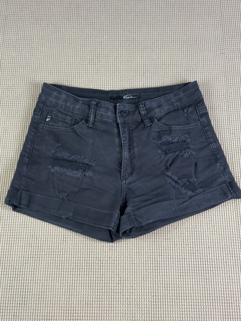 KANCAN black denim stretch jeans shorts distressed rolled hem size 7/27